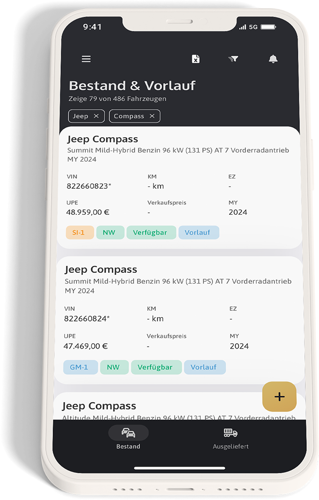 Screenshot Smartphone - Fahrzeugbestand